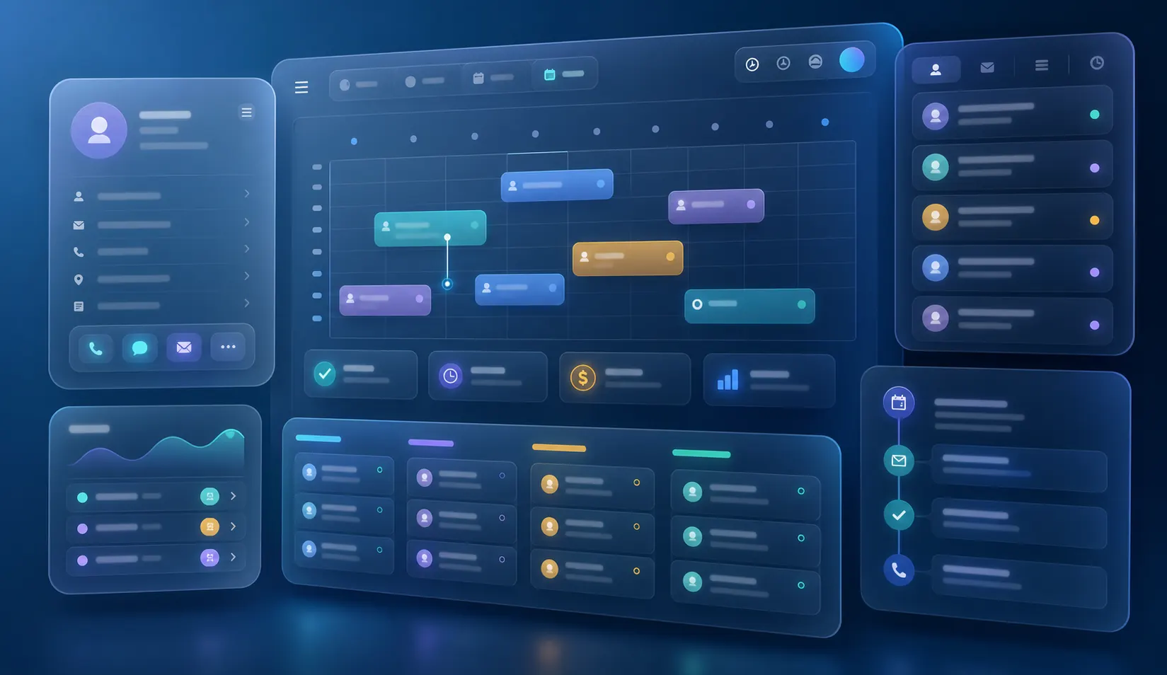 Booking CRM web app development portal showing calendar scheduling, payments, and customer follow-up workflows